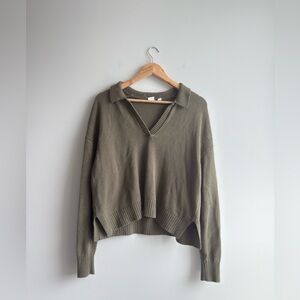 GAP Olive V-Neck Cotton Collared Sweater
